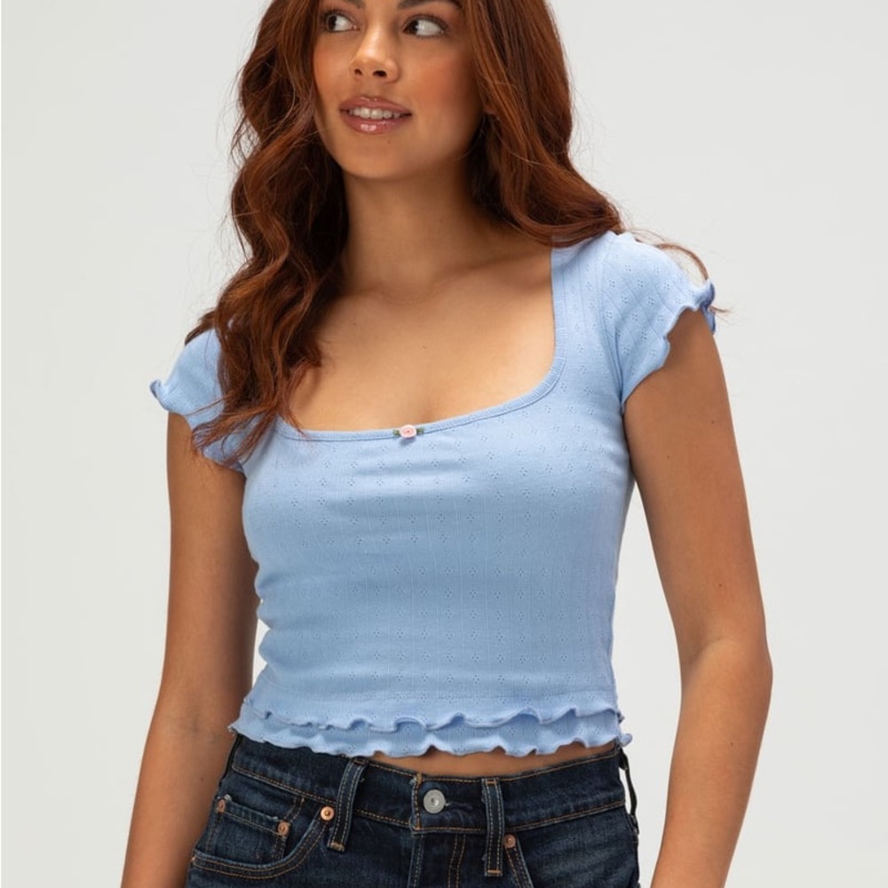 RSQ Womens Pointelle‎ Layer Tee Light Blue Ruffled Women's Top Size XXS